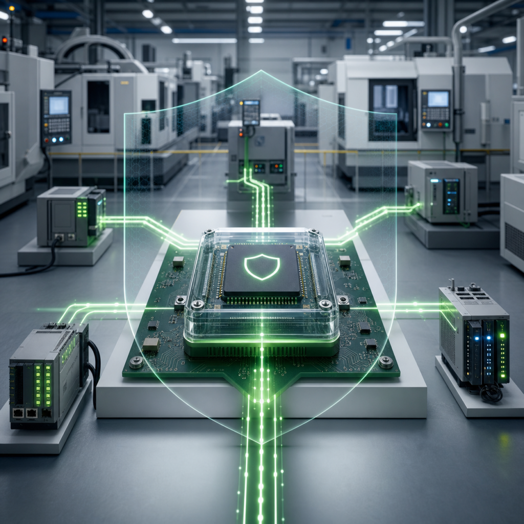 Abstrakte Industrieanlage mit vernetzten Steuerungen, Sicherheitschip und geschützten Datenverbindungen als Symbol für moderne Maschinen-Cybersecurity.