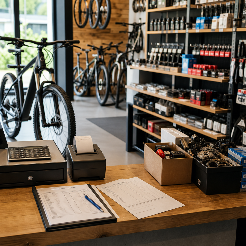 Bicycle shop with service area, inventory and sales counter representing practical software selection