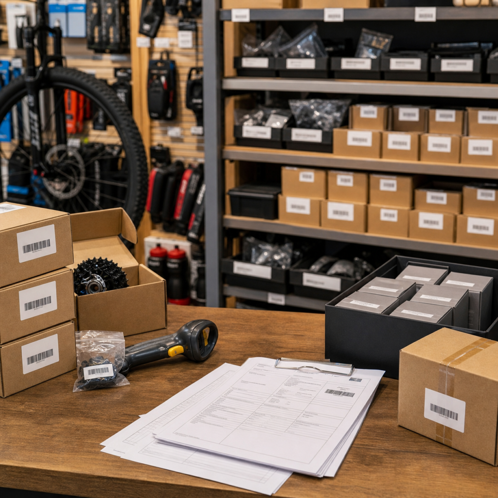 Geordnete Fahrradteile, Barcodes und Bestellunterlagen als Symbol für saubere Datenprozesse im Fahrradhandel