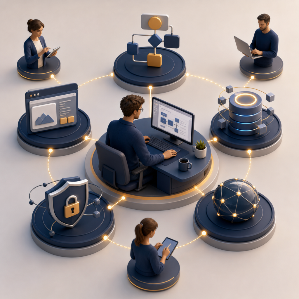 Zentraler Softwareentwickler verbindet Geschäftsprozesse, Benutzeroberfläche, Daten, Sicherheit und ein flexibles Fachteam