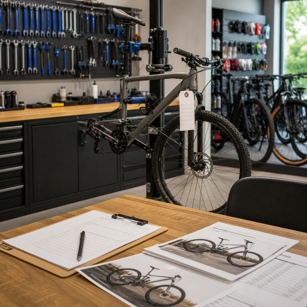 Fahrrad in einer modernen Werkstatt mit Werkzeugen und Beratungsunterlagen für Service und Verkauf